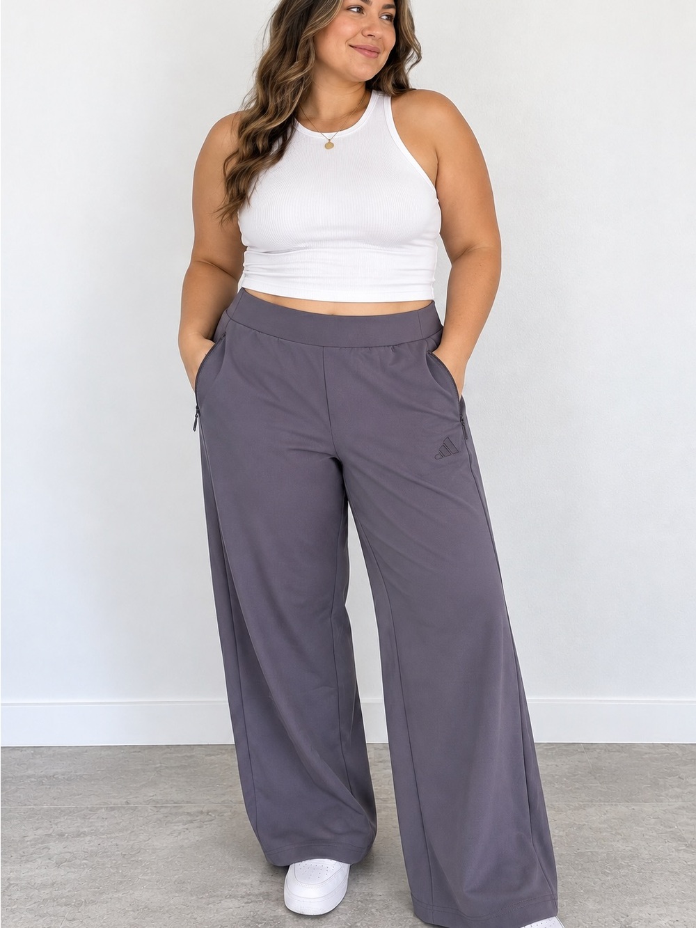 Adidas ZNE Womens XL Wide Leg Track Pants Gray Zip Pockets Athleisure Travel